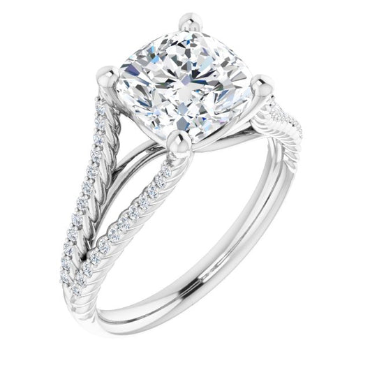 10K White Gold Customizable Cushion Cut Style with Split Band and Rope-Pavé