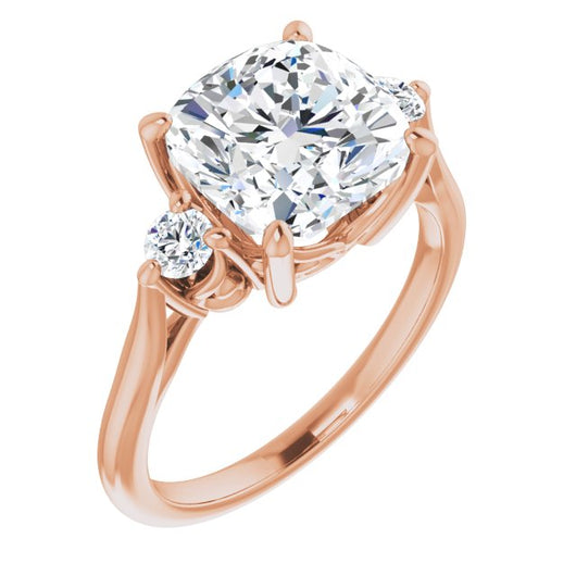 10K Rose Gold Customizable Three-stone Cushion Cut Design with Small Round Accents and Vintage Trellis/Basket