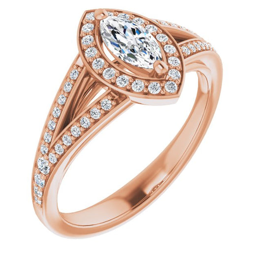 10K Rose Gold Customizable Cathedral-Halo Marquise Cut Style featuring Split-Shared Prong Band