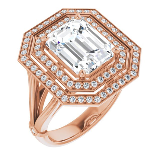 10K Rose Gold Customizable Cathedral-set Emerald/Radiant Cut Design with Double Halo, Wide Split Band and Side Knuckle Accents