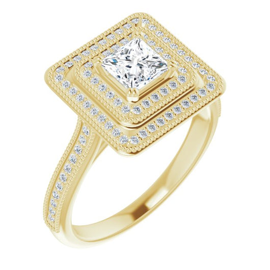 10K Yellow Gold Customizable Princess/Square Cut Design with Elegant Double Halo, Houndstooth Milgrain and Band-Channel Accents