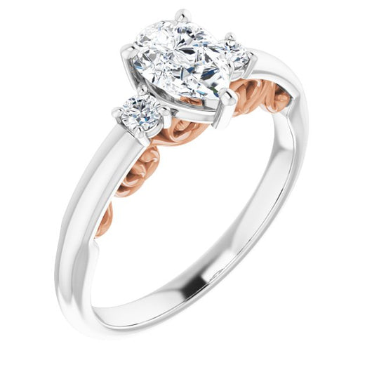 14K White & Rose Gold Customizable Pear Cut 3-stone Style featuring Heart-Motif Band Enhancement