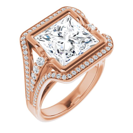 10K Rose Gold Customizable Cathedral-Bezel Princess/Square Cut Design with Wide Triple-Split-Pavé Band