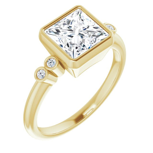 10K Yellow Gold Customizable 5-stone Bezel-set Princess/Square Cut Design with Quad Round-Bezel Side Stones