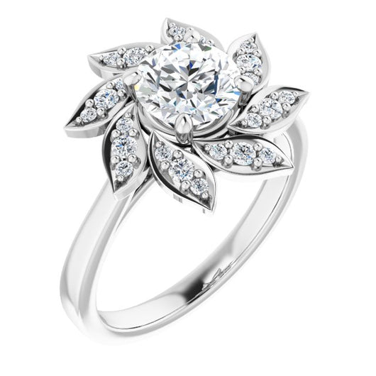 10K White Gold Customizable Round Cut Design with Artisan Floral Halo