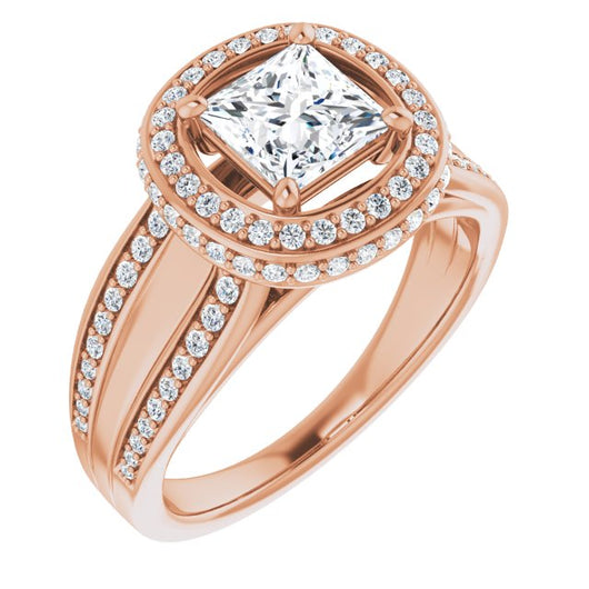 10K Rose Gold Customizable Halo-style Princess/Square Cut with Under-halo & Ultra-wide Band