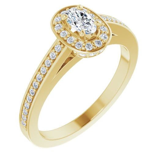 10K Yellow Gold Customizable Cathedral-set Oval Cut Design with Halo, Thin Pavé Band & Round-Bezel Peekaboos