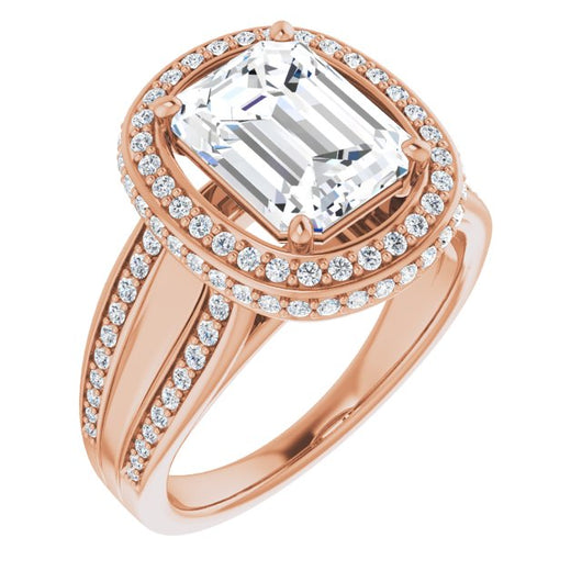 10K Rose Gold Customizable Halo-style Emerald/Radiant Cut with Under-halo & Ultra-wide Band