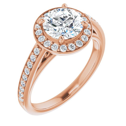 10K Rose Gold Customizable Round Cut Style with Halo and Sculptural Trellis