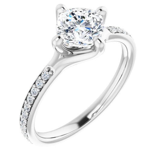 10K White Gold Customizable Cushion Cut Design featuring Thin Band and Shared-Prong Round Accents