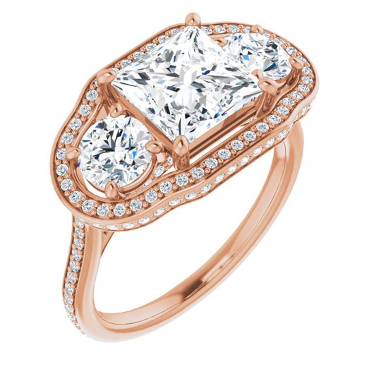 10K Rose Gold Customizable 3-stone Princess/Square Cut Design with Multi-Halo Enhancement and 150+-stone Pavé Band