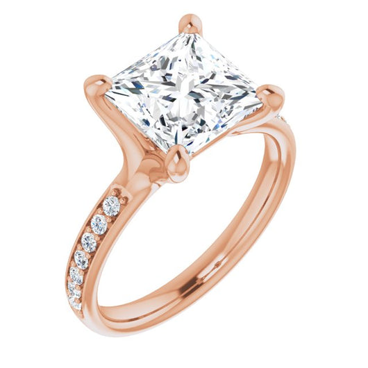 10K Rose Gold Customizable Heavy Prong-Set Princess/Square Cut Style with Round Cut Band Accents