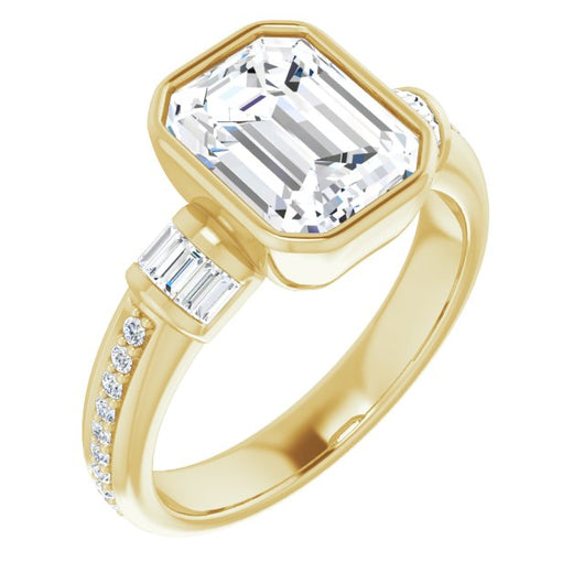 10K Yellow Gold Customizable Cathedral-Bezel Emerald/Radiant Cut Style with Horizontal Baguettes & Shared Prong Band