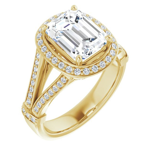 10K Yellow Gold Customizable Emerald/Radiant Cut Setting with Halo, Under-Halo Trellis Accents and Accented Split Band