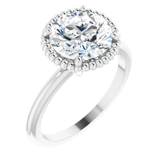 14K White Gold Customizable Round Cut Solitaire with Beaded Metallic Milgrain