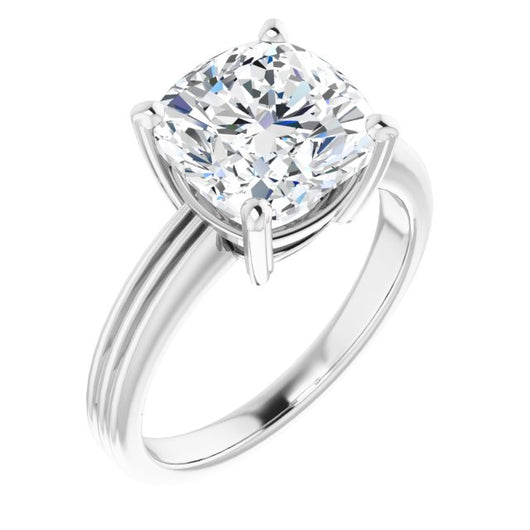 10K White Gold Customizable Cushion Cut Solitaire with Double-Grooved Band