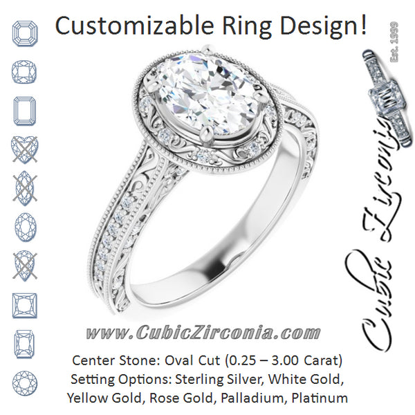 Cubic Zirconia Engagement Ring- The Eowyn (Customizable Vintage Artisan Oval Cut Design with 3-Sided Filigree and Side Inlay Accent Enhancements)