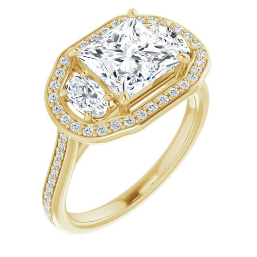 10K Yellow Gold Customizable Princess/Square Cut Style with Oval Cut Accents, 3-stone Halo & Thin Shared Prong Band