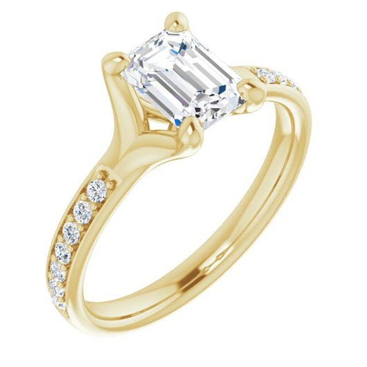 10K Yellow Gold Customizable Heavy Prong-Set Emerald/Radiant Cut Style with Round Cut Band Accents