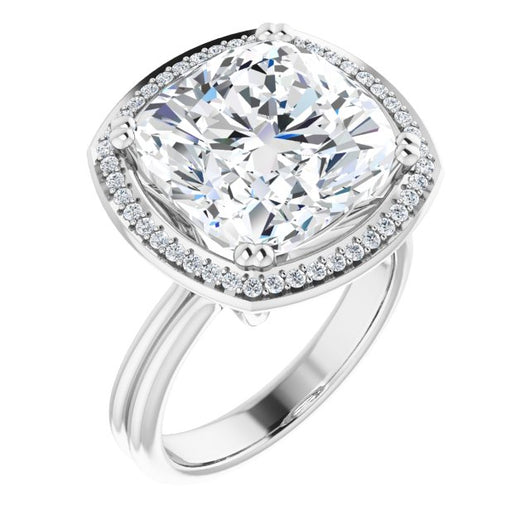 10K White Gold Customizable Cushion Cut Style with Scooped Halo and Grooved Band