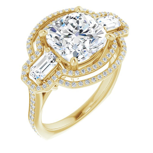 10K Yellow Gold Customizable Enhanced 3-stone Style with Cushion Cut Center, Emerald Cut Accents, Double Halo and Thin Shared Prong Band