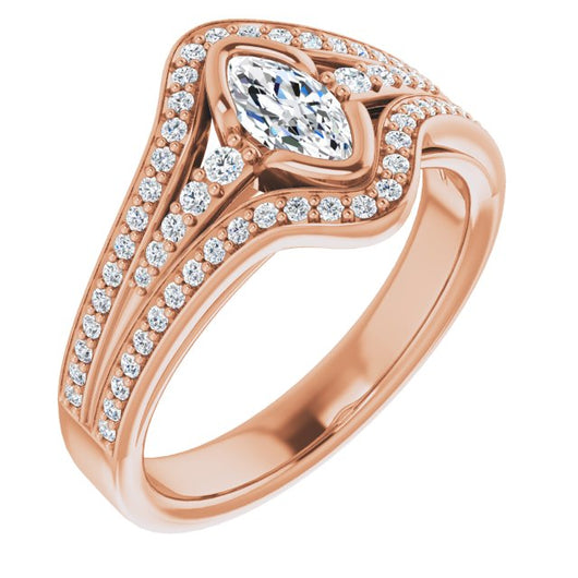 10K Rose Gold Customizable Cathedral-Bezel Marquise Cut Design with Wide Triple-Split-Pavé Band