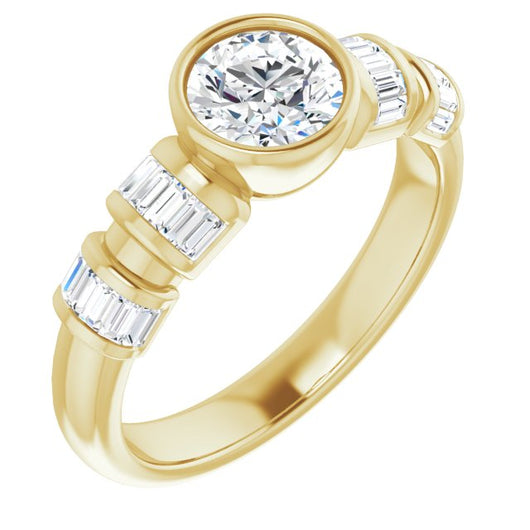 10K Yellow Gold Customizable Bezel-set Round Cut Design with Quad Horizontal Band Sleeves of Baguette Accents