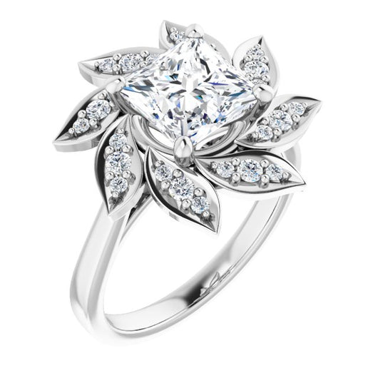 10K White Gold Customizable Princess/Square Cut Design with Artisan Floral Halo