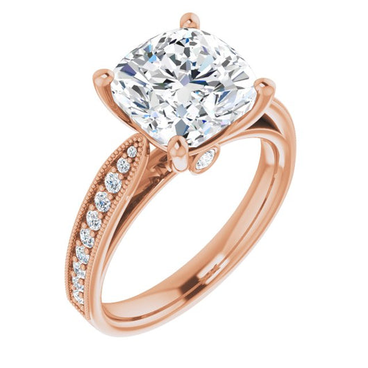 10K Rose Gold Customizable Cushion Cut Style featuring Milgrained Shared Prong Band & Dual Peekaboos