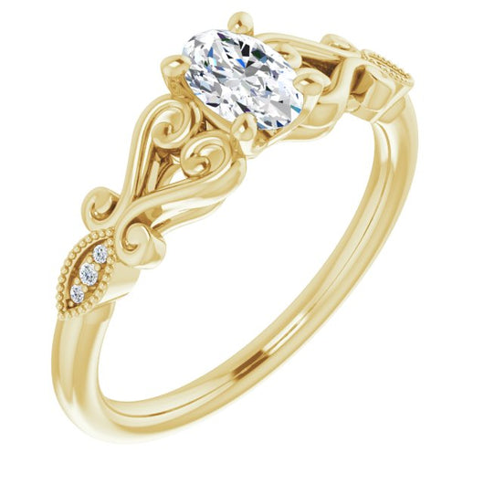 10K Yellow Gold Customizable 7-stone Design with Oval Cut Center Plus Sculptural Band and Filigree