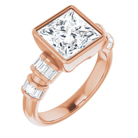 10K Rose Gold Customizable Bezel-set Princess/Square Cut Design with Quad Horizontal Band Sleeves of Baguette Accents