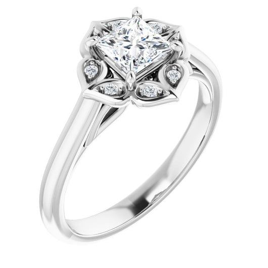 10K White Gold Customizable Cathedral-raised Princess/Square Cut Design with Star Halo & Round-Bezel Peekaboo Accents