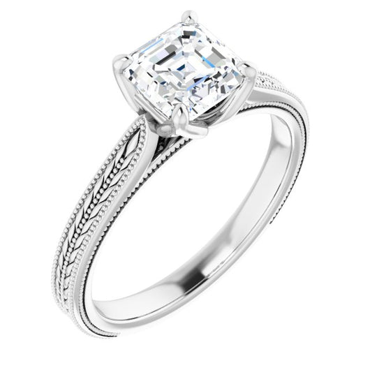 10K White Gold Customizable Asscher Cut Solitaire with Wheat-inspired Band 