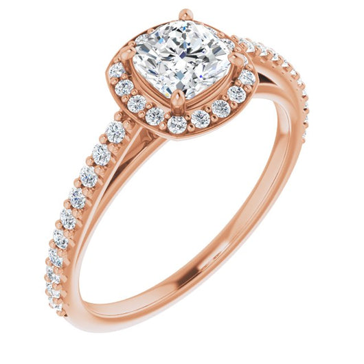 10K Rose Gold Customizable Cushion Cut Design with Halo and Thin Pavé Band