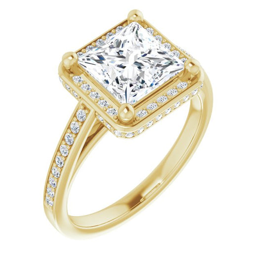 10K Yellow Gold Customizable Cathedral-Halo Princess/Square Cut Design with Under-halo & Shared Prong Band