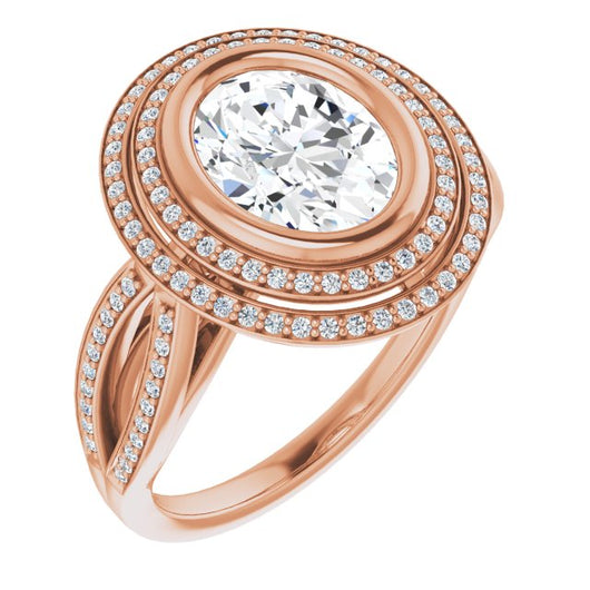 10K Rose Gold Customizable Bezel-set Oval Cut Style with Double Halo and Split Shared Prong Band