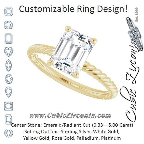 Cubic Zirconia Engagement Ring- The Donna Lea (Customizable Emerald Cut Solitaire featuring Braided Rope Band)