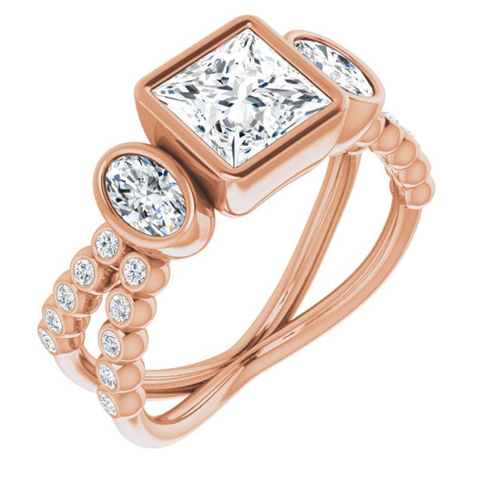 10K Rose Gold Customizable Bezel-set Princess/Square Cut Design with Dual Bezel-Oval Accents and Round-Bezel Accented Split Band