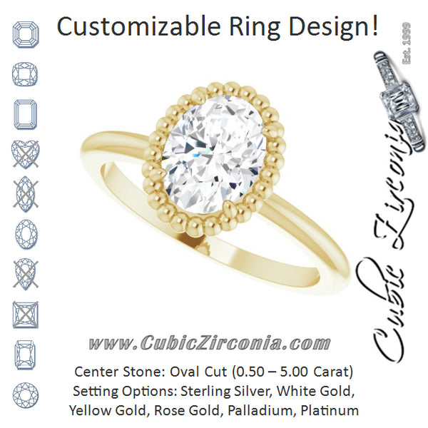 Cubic Zirconia Engagement Ring- The Jubilee (Customizable Oval Cut Solitaire with Beaded Metallic Milgrain)