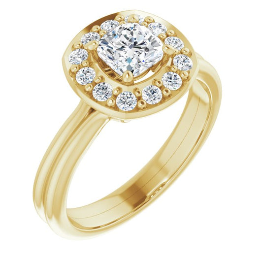 10K Yellow Gold Customizable Cluster-Halo Accented Cushion Cut Style with Tapered Dual Band