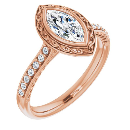 10K Rose Gold Customizable Cathedral-Bezel Marquise Cut Design featuring Accented Band with Filigree Inlay