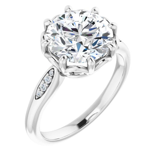 10K White Gold Customizable 9-stone Round Cut Design with 8-prong Decorative Basket & Round Cut Side Stones