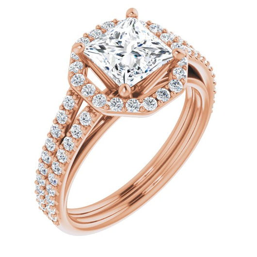 10K Rose Gold Customizable Cathedral Princess/Square Cut Design with Geometric Halo & Split Pavé Band