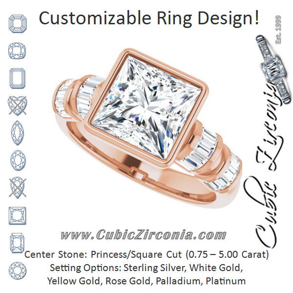 Cubic Zirconia Engagement Ring- The Astrid (Customizable Bezel-set Princess/Square Cut Design with Quad Horizontal Band Sleeves of Baguette Accents)