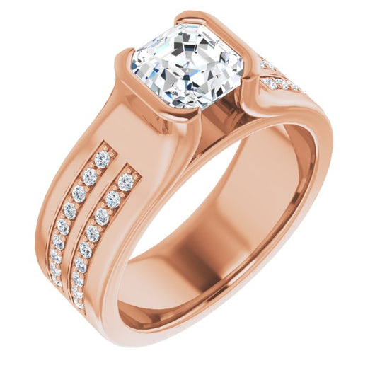 10K Rose Gold Customizable Bezel-set Asscher Cut Design with Thick Band featuring Double-Row Shared Prong Accents