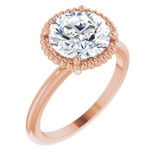 10K Rose Gold Customizable Round Cut Solitaire with Beaded Metallic Milgrain