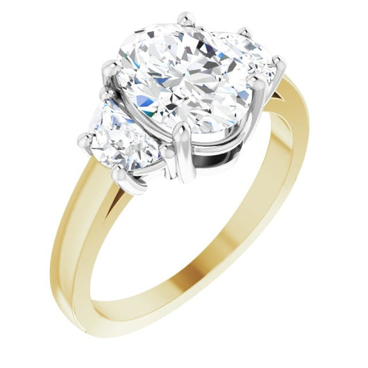 14K Yellow & White Gold Customizable 3-stone Design with Oval Cut Center and Half-moon Side Stones