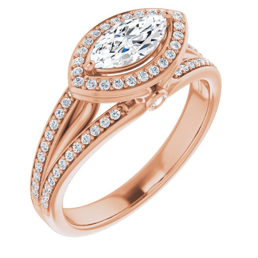 10K Rose Gold Customizable High-set Marquise Cut Design with Halo, Wide Tri-Split Shared Prong Band and Round Bezel Peekaboo Accents