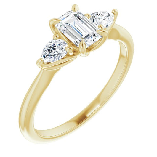 10K Yellow Gold Customizable 3-stone Design with Emerald/Radiant Cut Center and Dual Large Pear Side Stones