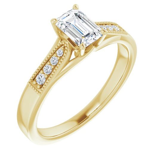 10K Yellow Gold Customizable 9-stone Vintage Design with Emerald/Radiant Cut Center and Round Band Accents